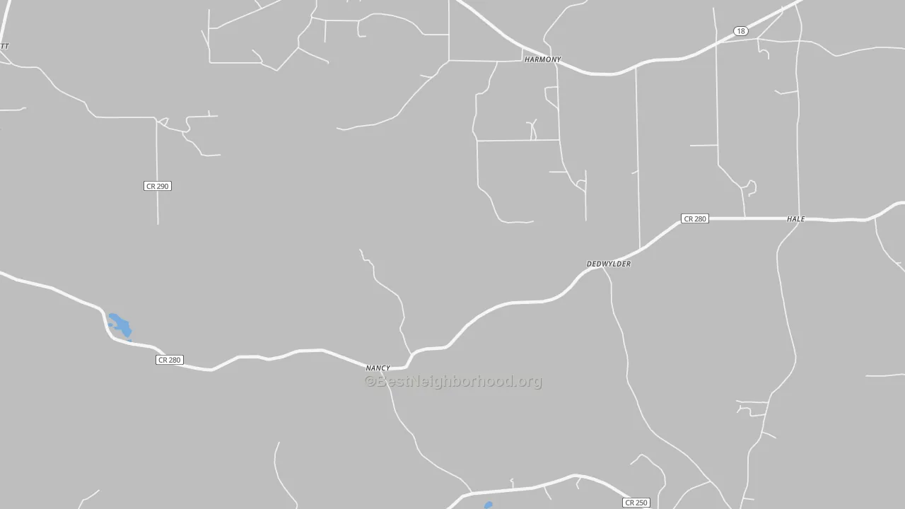 Walk Grade map of Nancy, MS, walkable areas in green and car-dependent areas in red
