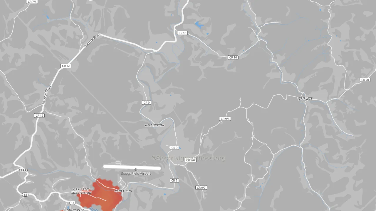 Walk Grade map of Nancy Run, WV, walkable areas in green and car-dependent areas in red