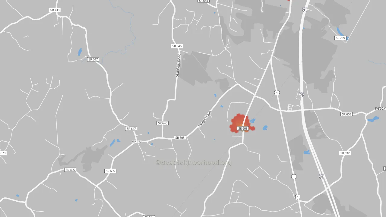 Walk Grade map of Nancy Wrights Corner, VA, walkable areas in green and car-dependent areas in red