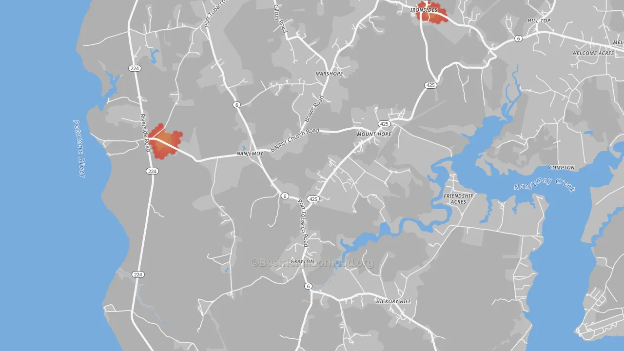 Walk Grade map of Nanjemoy, MD, walkable areas in green and car-dependent areas in red