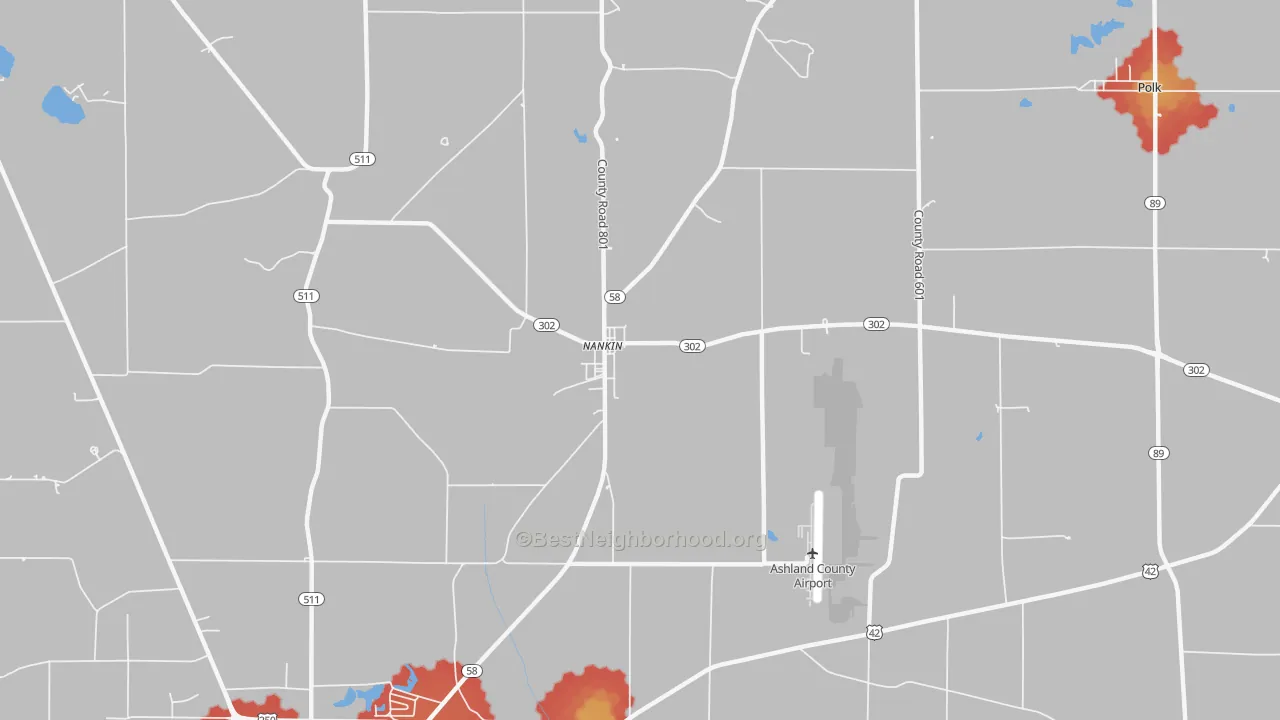 Walk Grade map of Nankin, OH, walkable areas in green and car-dependent areas in red