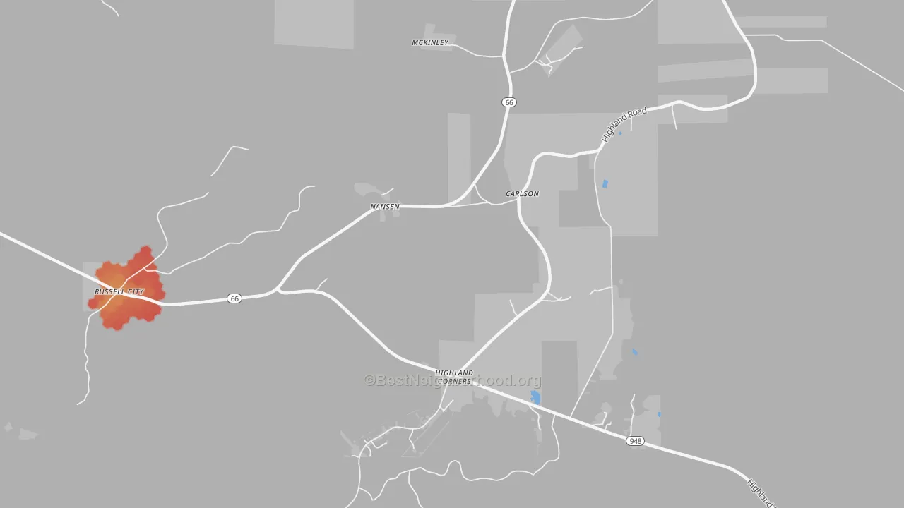 Walk Grade map of Nansen, PA, walkable areas in green and car-dependent areas in red