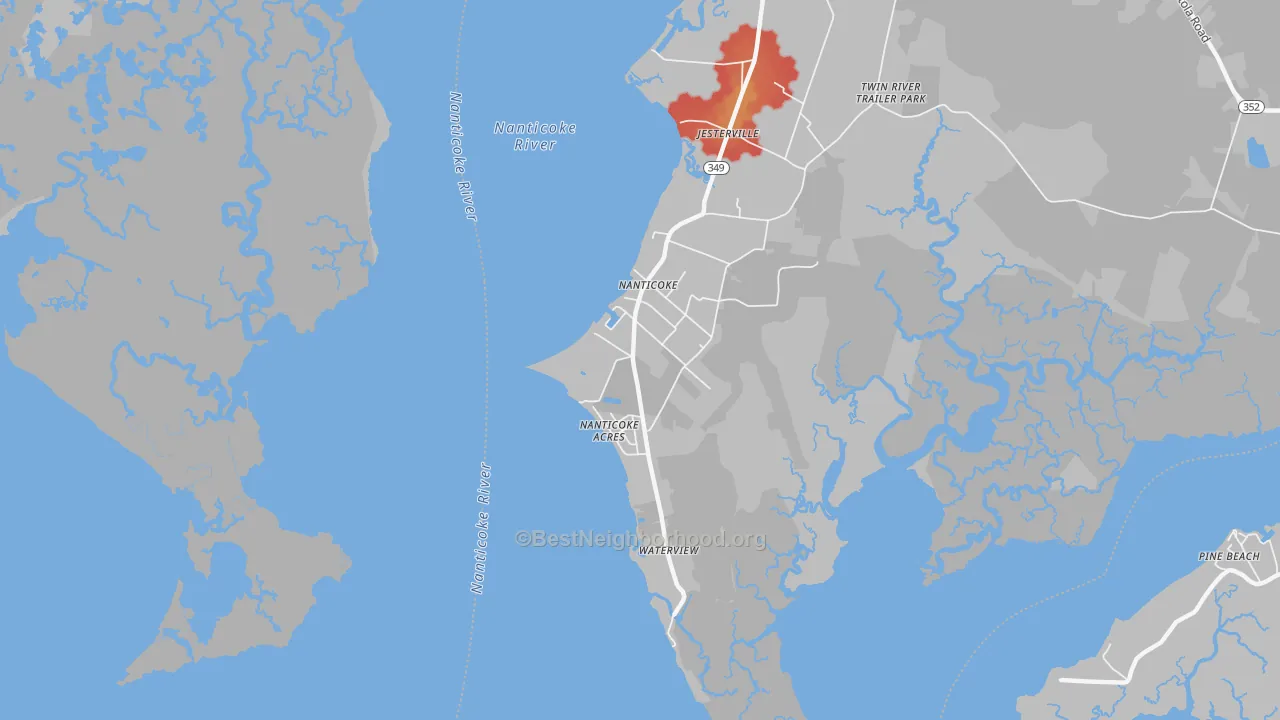 Walk Grade map of Nanticoke, MD, walkable areas in green and car-dependent areas in red