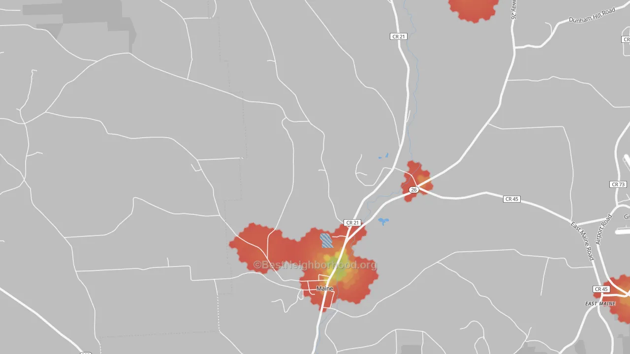 Walk Grade map of Nanticoke, NY, walkable areas in green and car-dependent areas in red