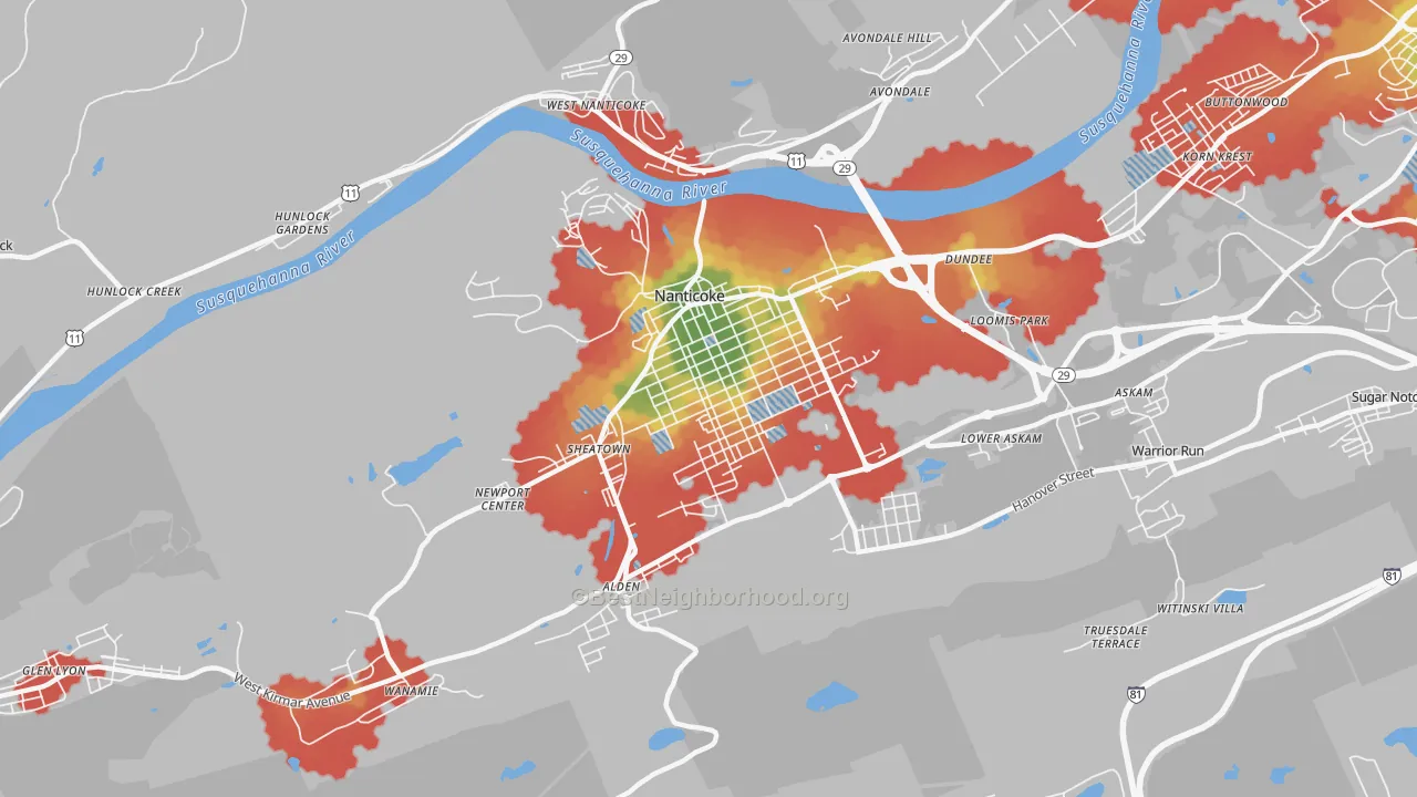 Walk Grade map of Nanticoke, PA, walkable areas in green and car-dependent areas in red