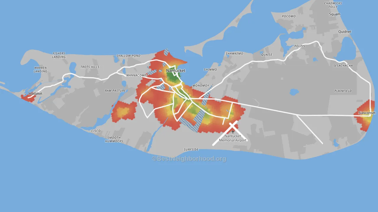 Walk Grade map of Nantucket County, MA, walkable areas in green and car-dependent areas in red