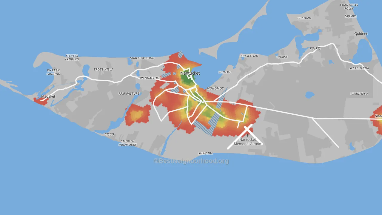 Walk Grade map of Nantucket, MA, walkable areas in green and car-dependent areas in red