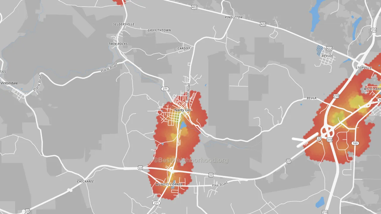 Walk Grade map of Nanty-Glo, PA, walkable areas in green and car-dependent areas in red