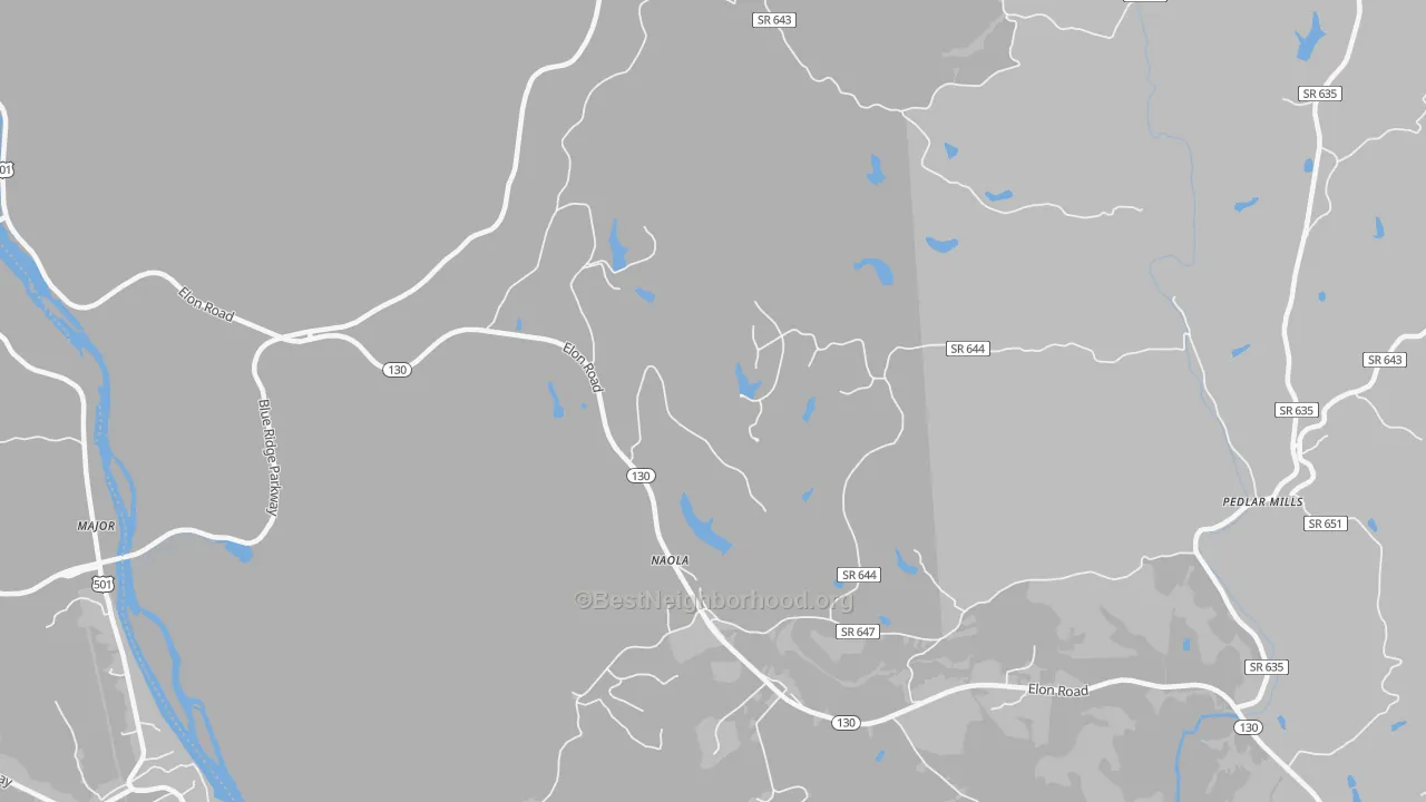 Walk Grade map of Naola, VA, walkable areas in green and car-dependent areas in red