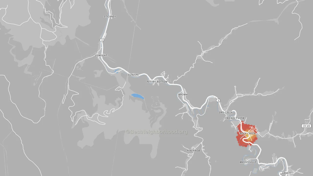 Walk Grade map of Naoma, WV, walkable areas in green and car-dependent areas in red