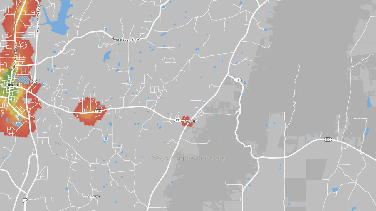 Walk Grade map of Naomi, GA, walkable areas in green and car-dependent areas in red