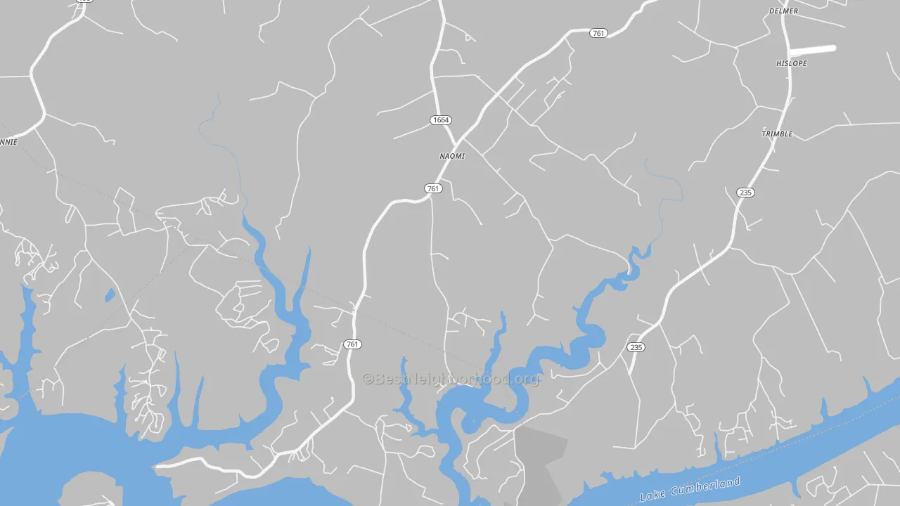 Walk Grade map of Naomi, KY, walkable areas in green and car-dependent areas in red