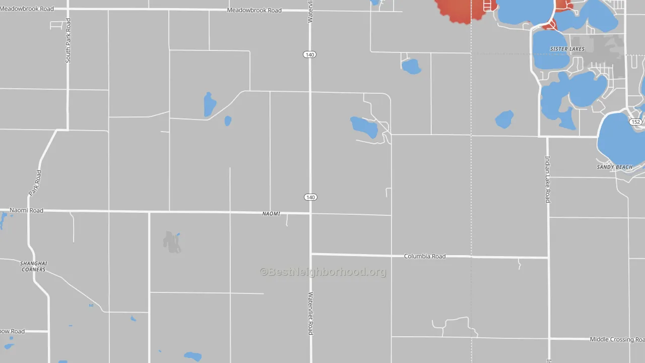 Walk Grade map of Naomi, MI, walkable areas in green and car-dependent areas in red