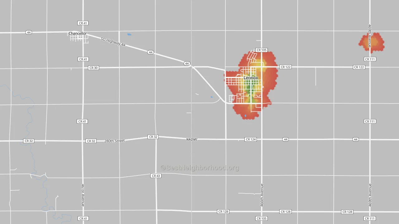 Walk Grade map of Naomi, SD, walkable areas in green and car-dependent areas in red