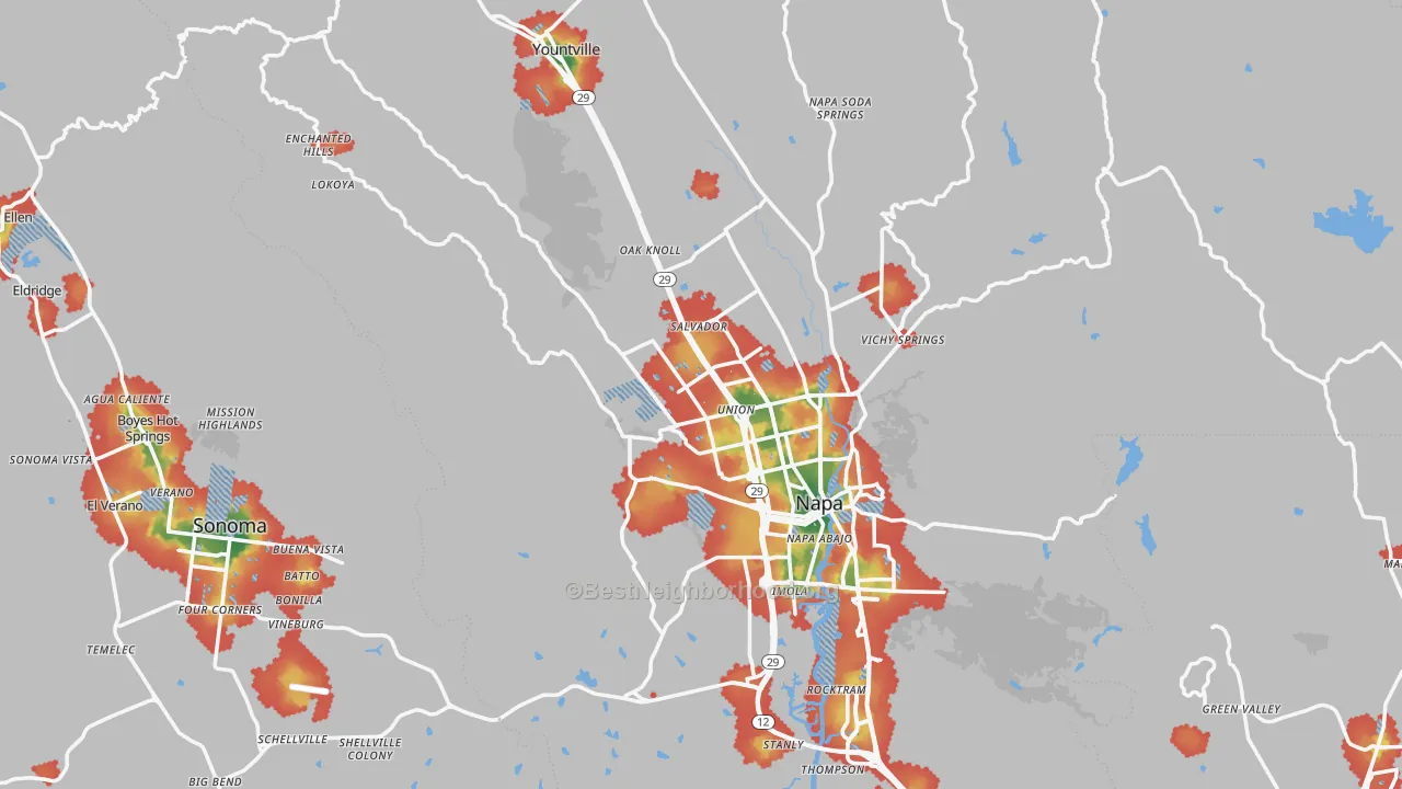 Walk Grade map of Napa County, CA, walkable areas in green and car-dependent areas in red
