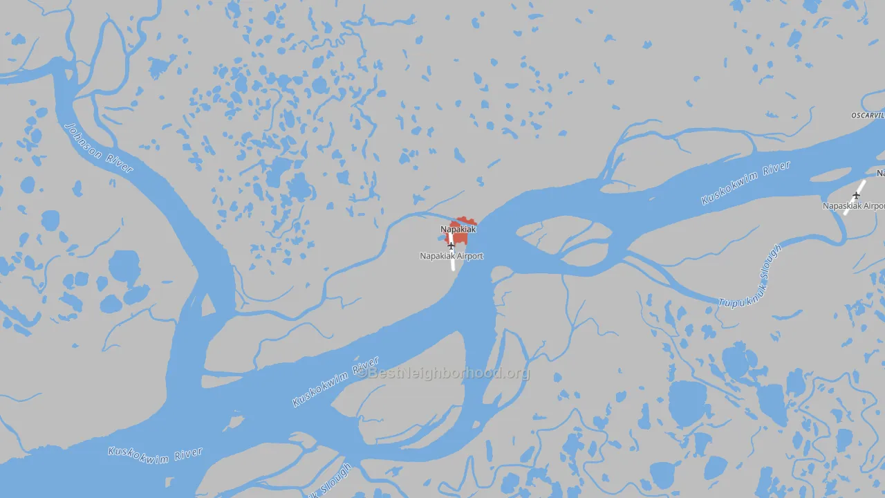 Walk Grade map of Napakiak, AK, walkable areas in green and car-dependent areas in red