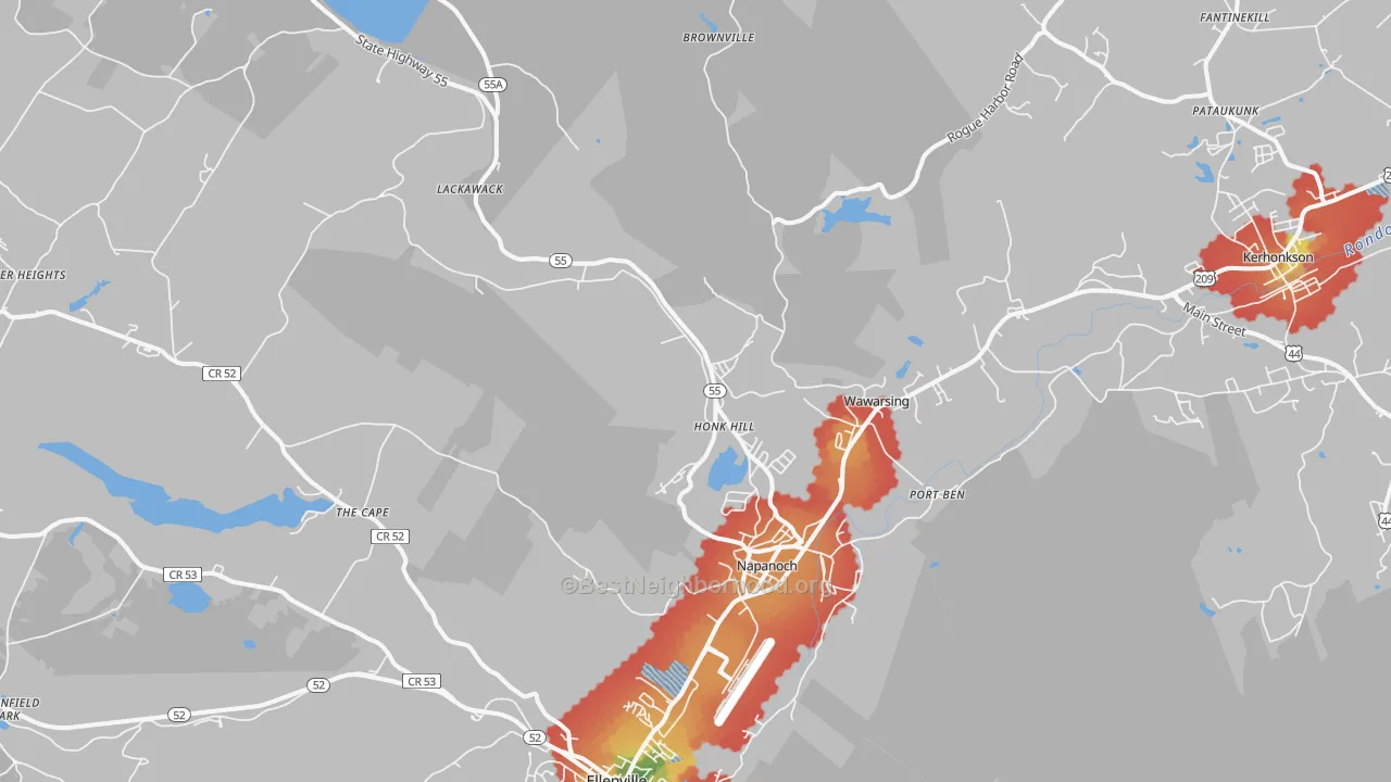 Walk Grade map of Napanoch, NY, walkable areas in green and car-dependent areas in red