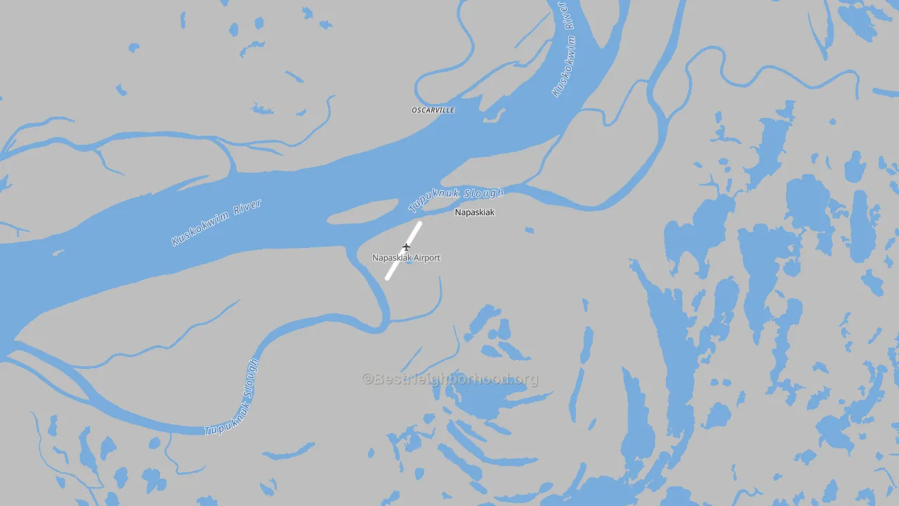 Walk Grade map of Napaskiak, AK, walkable areas in green and car-dependent areas in red