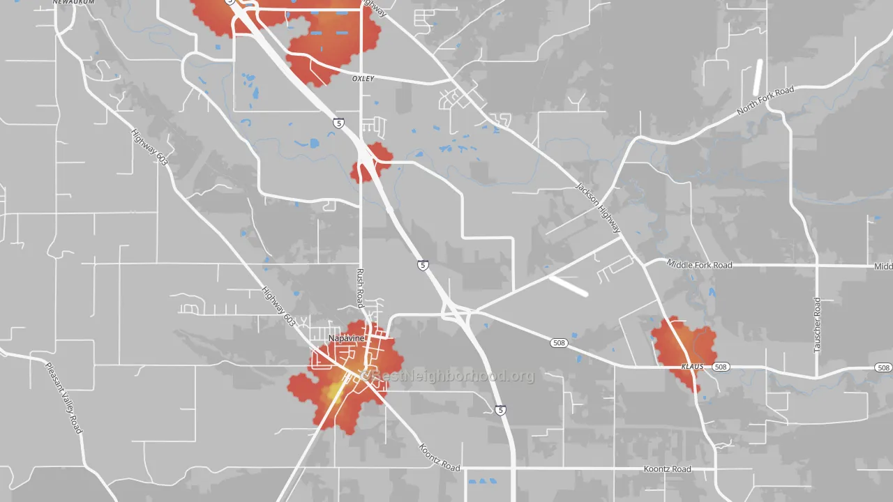 Walk Grade map of Napavine, WA, walkable areas in green and car-dependent areas in red