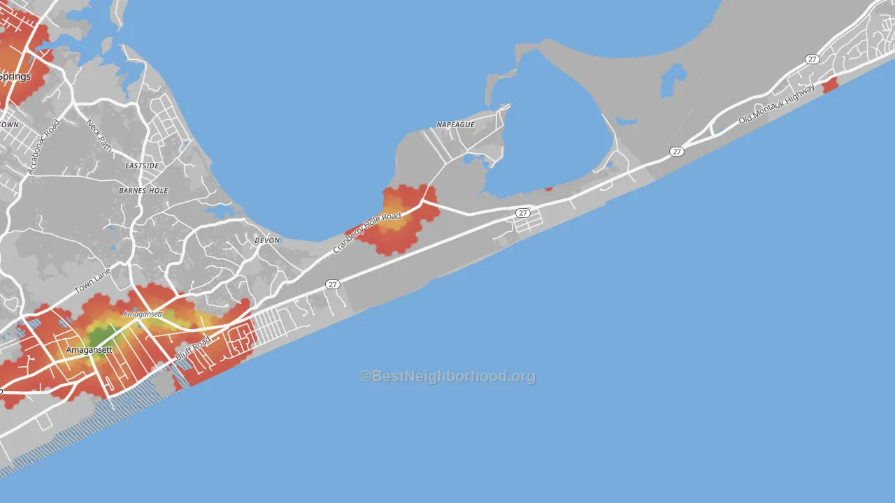 Walk Grade map of Napeague, NY, walkable areas in green and car-dependent areas in red