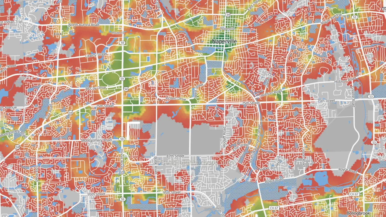 Walk Grade map of Naperville, IL, walkable areas in green and car-dependent areas in red