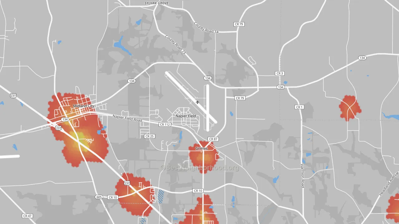 Walk Grade map of Napier Field, AL, walkable areas in green and car-dependent areas in red