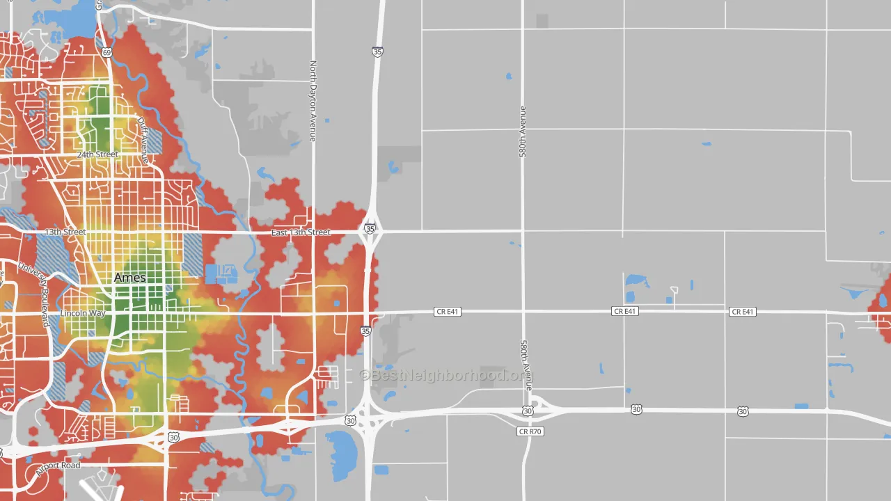 Walk Grade map of Napier, IA, walkable areas in green and car-dependent areas in red