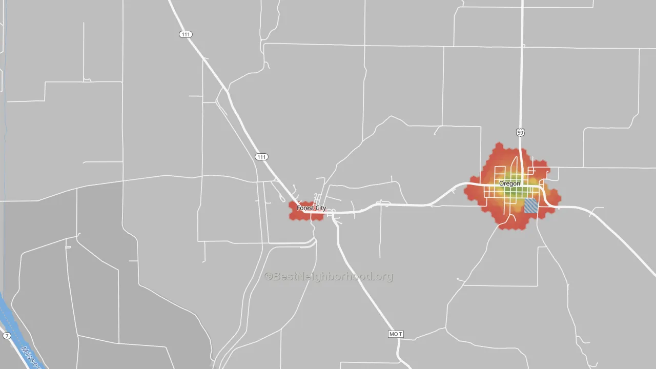Walk Grade map of Napier, MO, walkable areas in green and car-dependent areas in red