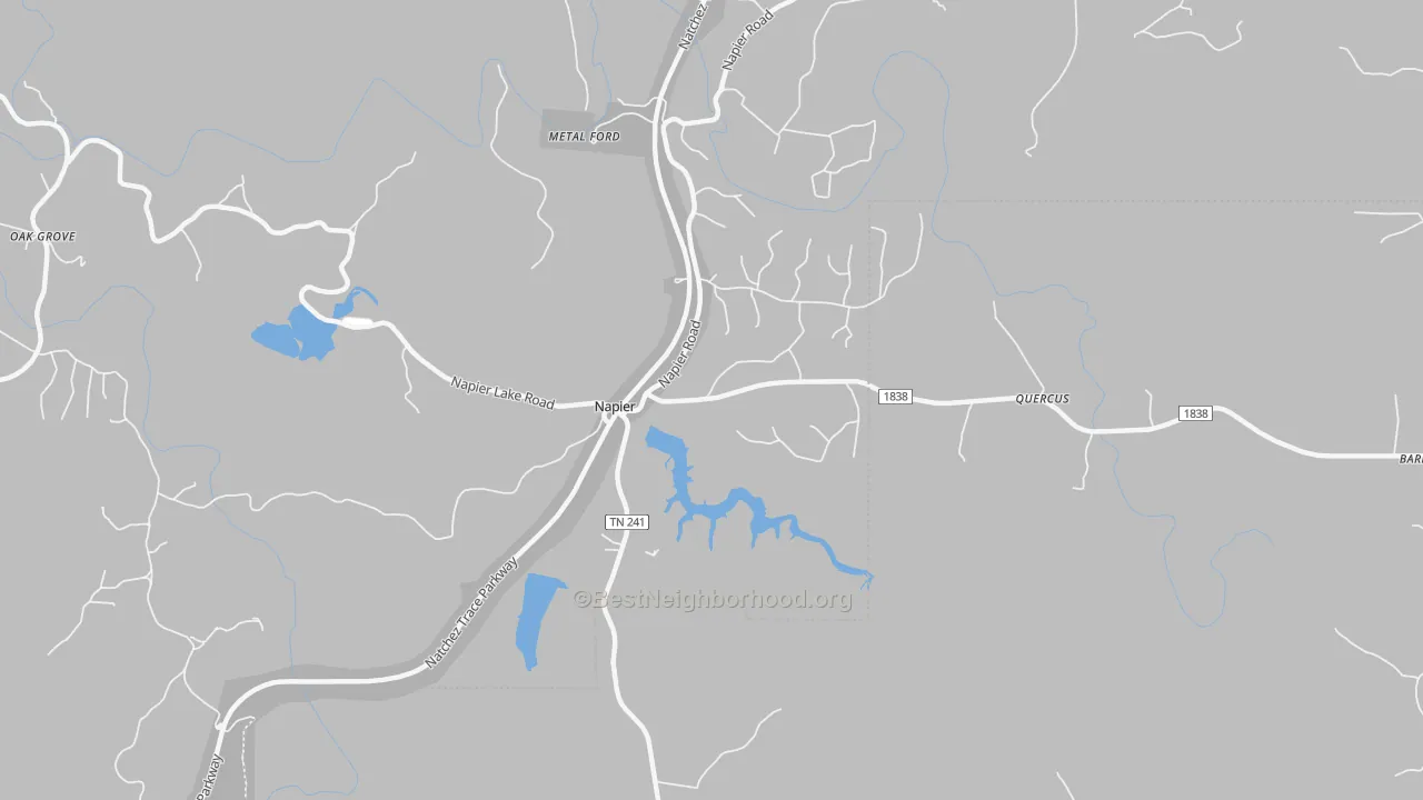 Walk Grade map of Napier, TN, walkable areas in green and car-dependent areas in red