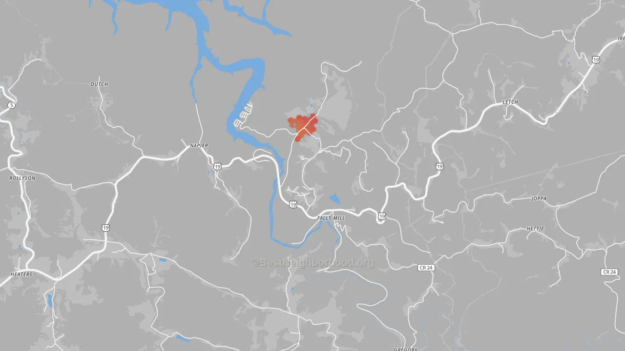 Walk Grade map of Napier, WV, walkable areas in green and car-dependent areas in red