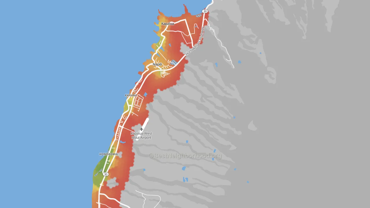 Walk Grade map of Napili, HI, walkable areas in green and car-dependent areas in red
