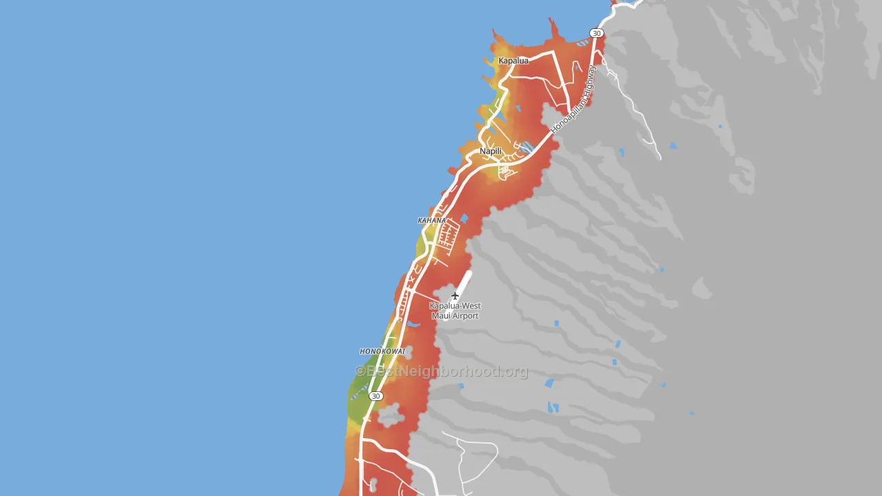 Walk Grade map of Napili-Honokowai, Lahaina, HI, walkable areas in green and car-dependent areas in red