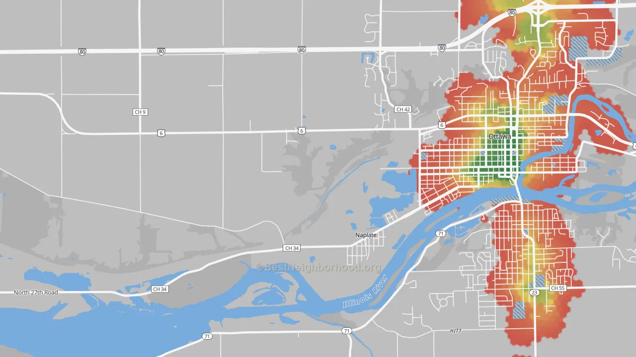 Walk Grade map of Naplate, IL, walkable areas in green and car-dependent areas in red