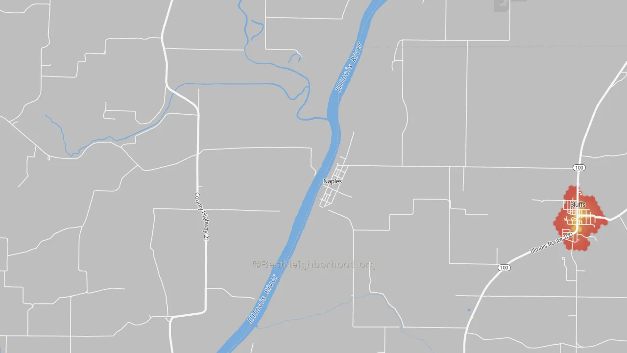 Walk Grade map of Naples, IL, walkable areas in green and car-dependent areas in red
