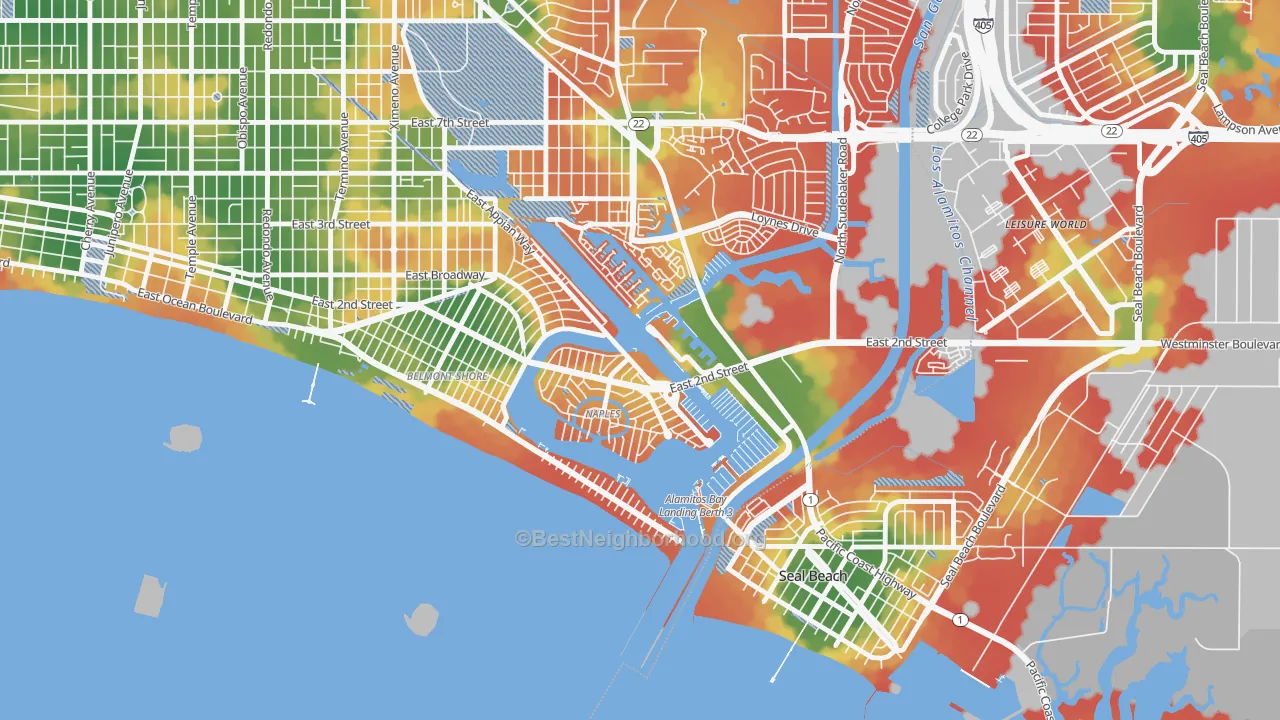 Walk Grade map of Naples-Marina Area, Long Beach, CA, walkable areas in green and car-dependent areas in red