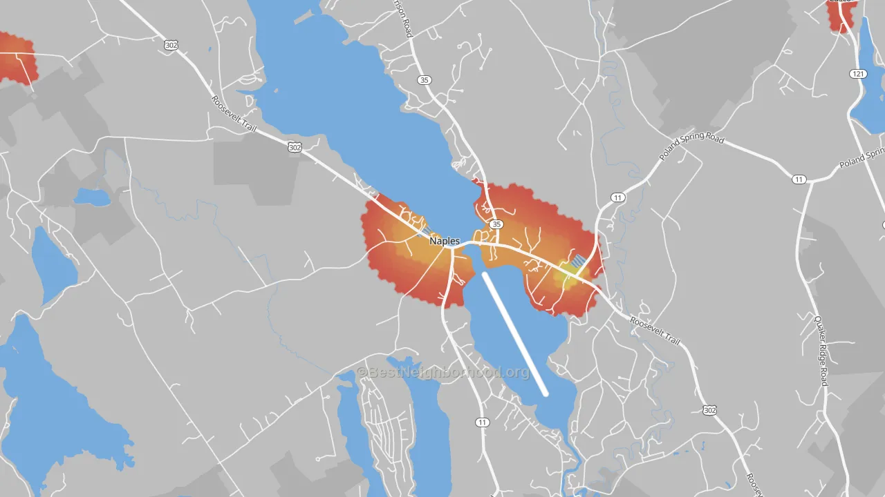 Walk Grade map of Naples, ME, walkable areas in green and car-dependent areas in red