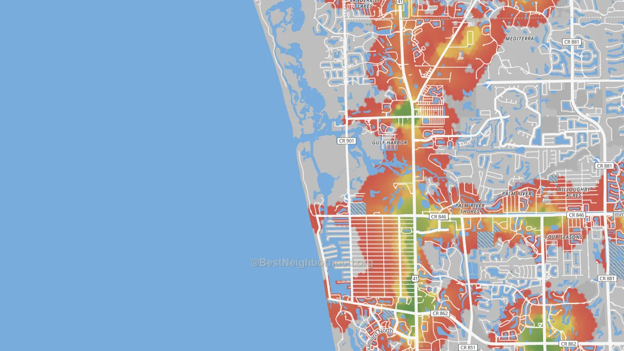 Walk Grade map of Naples Park, FL, walkable areas in green and car-dependent areas in red