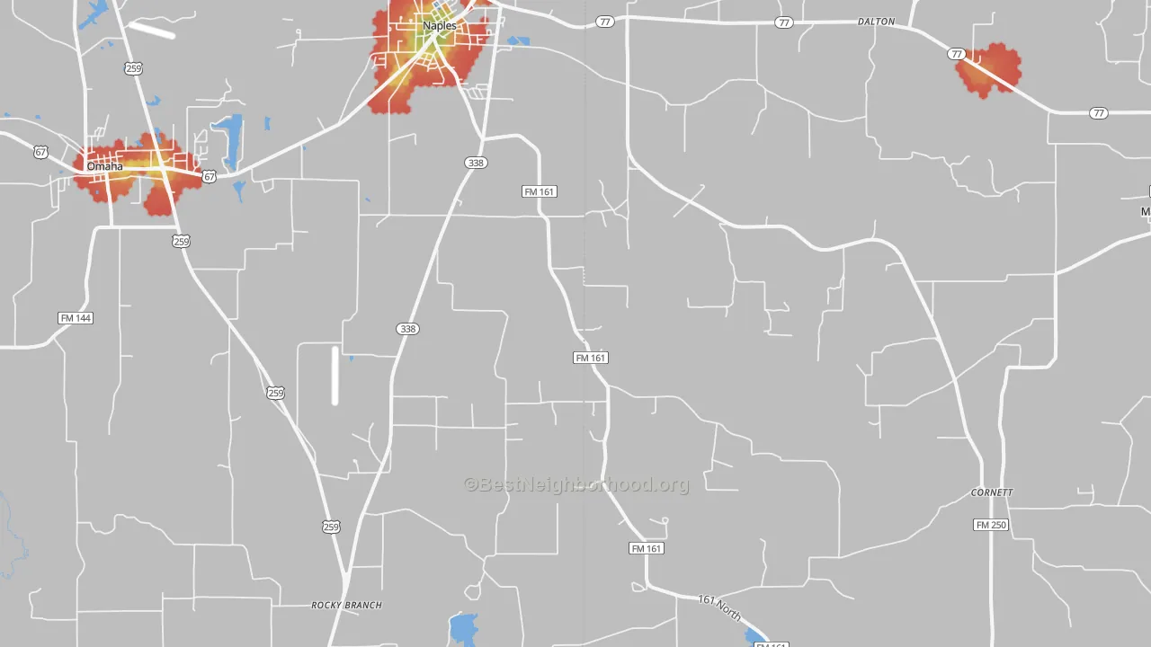 Walk Grade map of Naples, TX, walkable areas in green and car-dependent areas in red