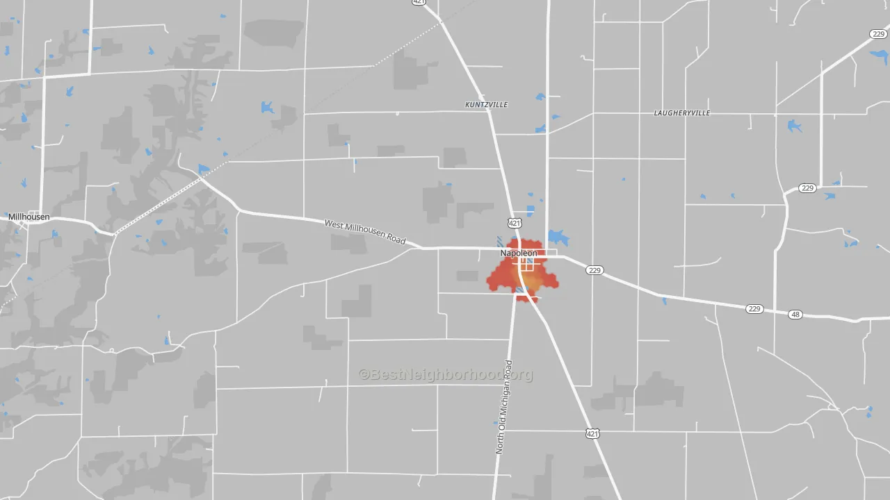 Walk Grade map of Napoleon, IN, walkable areas in green and car-dependent areas in red
