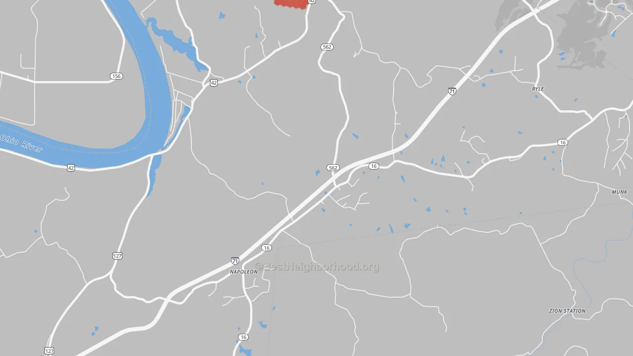 Walk Grade map of Napoleon, KY, walkable areas in green and car-dependent areas in red