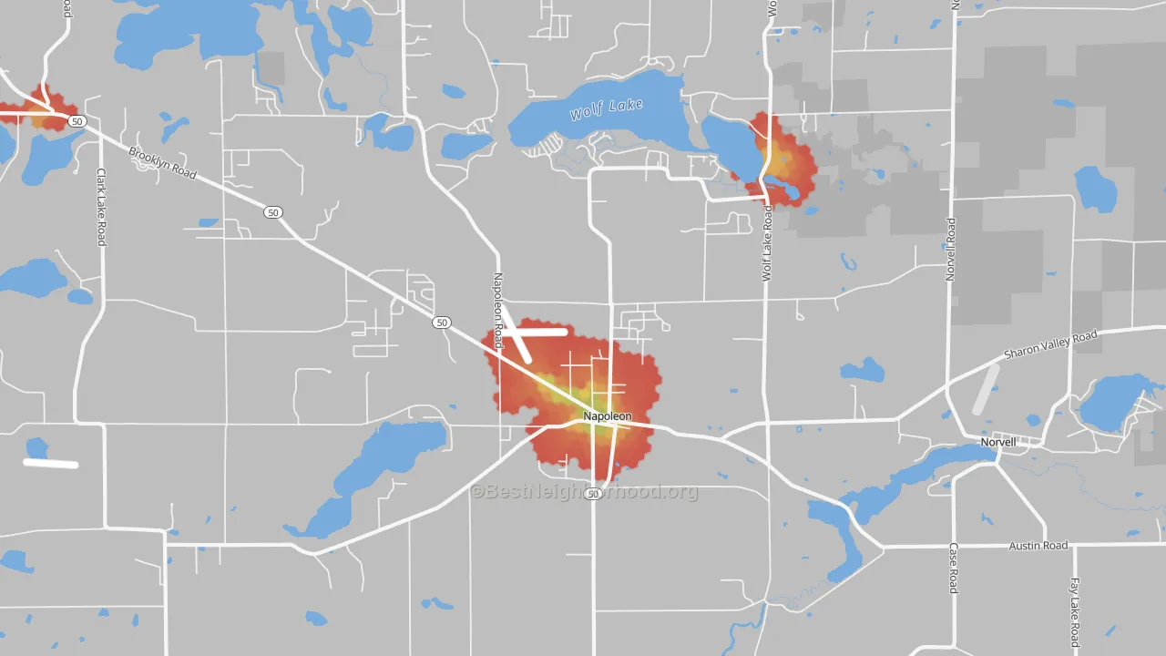 Walk Grade map of Napoleon, MI, walkable areas in green and car-dependent areas in red