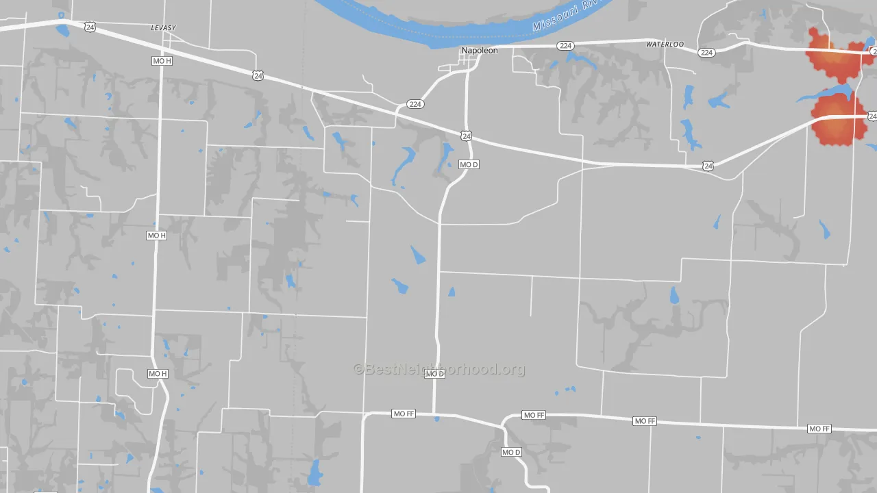 Walk Grade map of Napoleon, MO, walkable areas in green and car-dependent areas in red