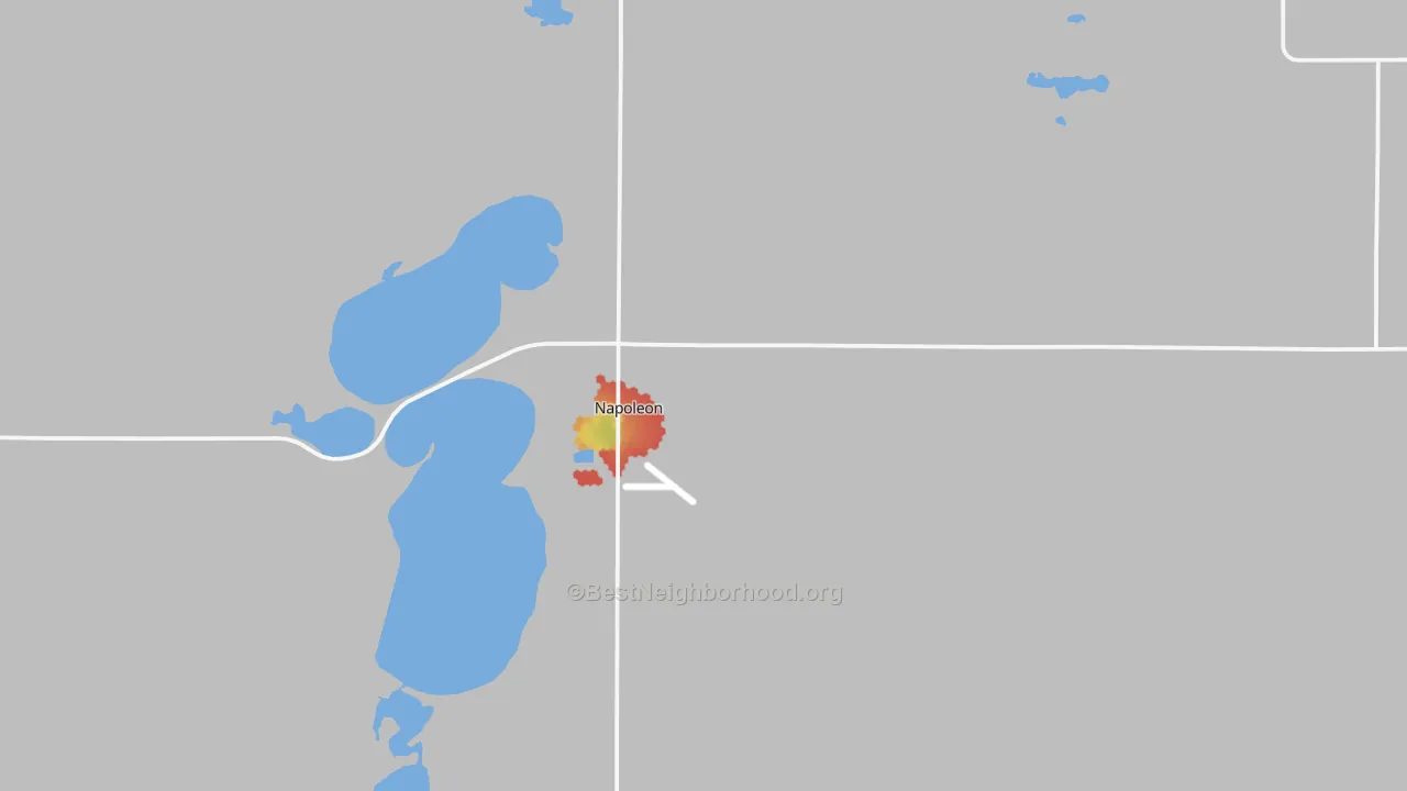 Walk Grade map of Napoleon, ND, walkable areas in green and car-dependent areas in red