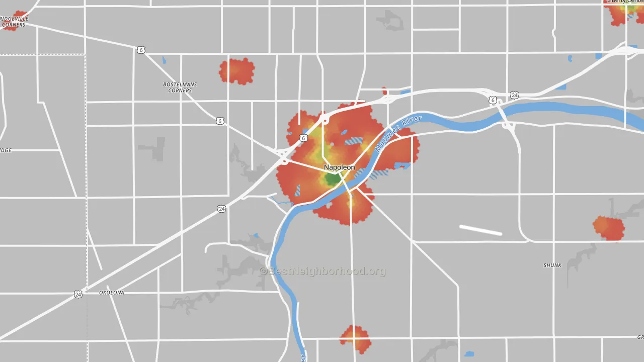Walk Grade map of Napoleon, OH, walkable areas in green and car-dependent areas in red