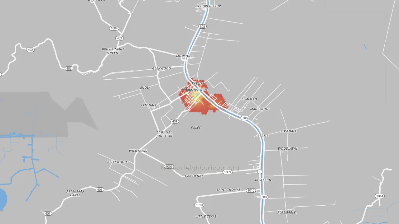 Walk Grade map of Napoleonville, LA, walkable areas in green and car-dependent areas in red