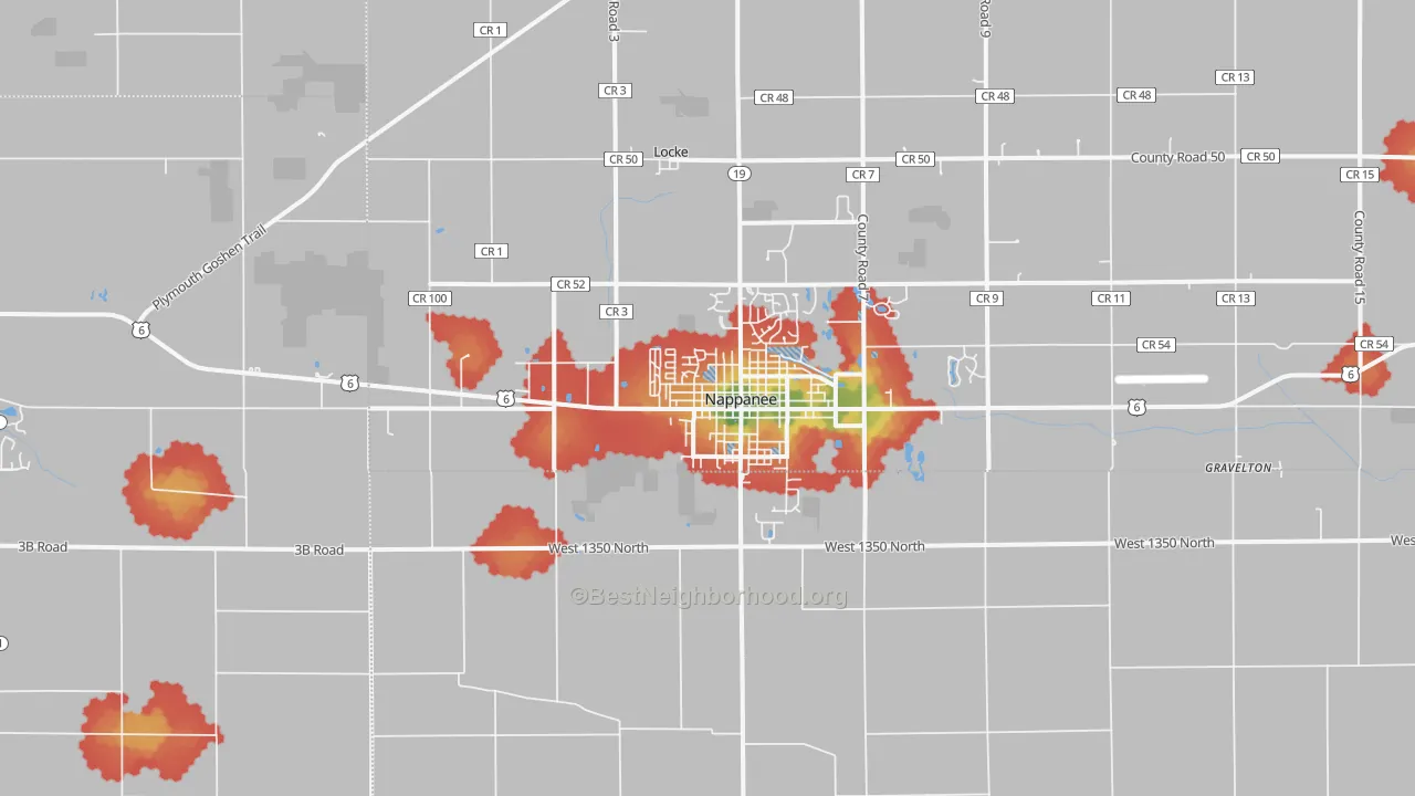Walk Grade map of Nappanee, IN, walkable areas in green and car-dependent areas in red