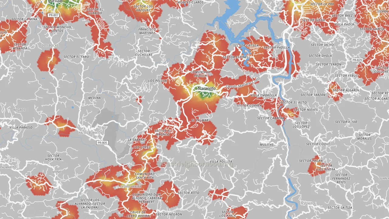 Walk Grade map of Naranjito Municipio, PR, walkable areas in green and car-dependent areas in red