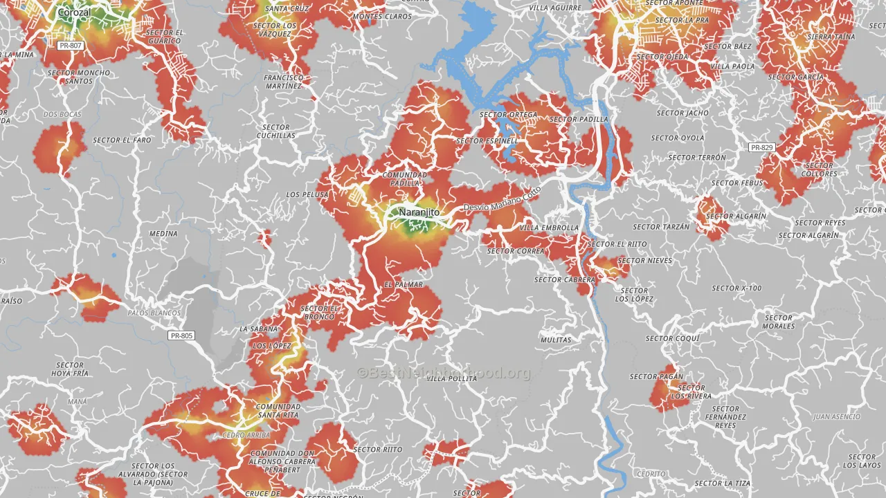 Walk Grade map of Naranjito, PR, walkable areas in green and car-dependent areas in red