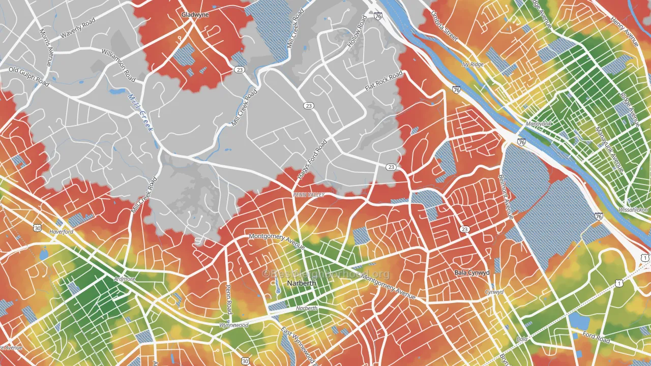 Walk Grade map of Narberth, PA, walkable areas in green and car-dependent areas in red