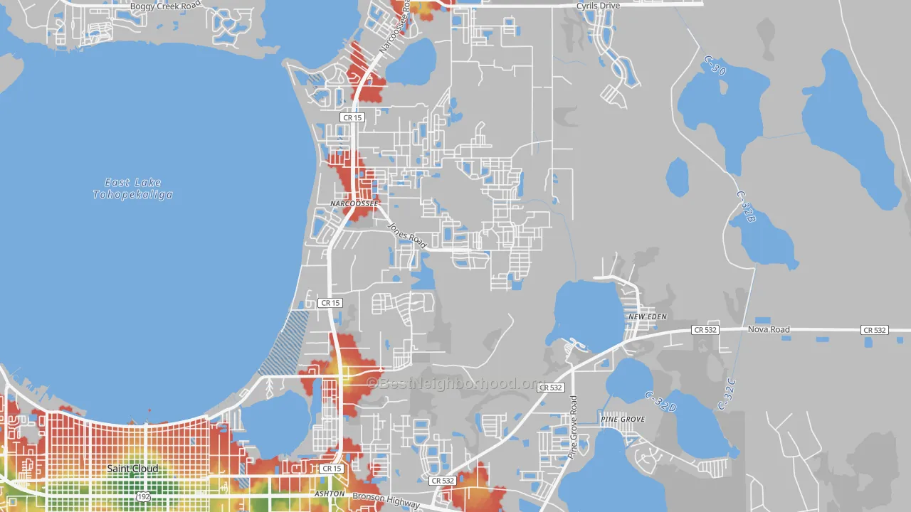 Walk Grade map of Narcoossee, FL, walkable areas in green and car-dependent areas in red